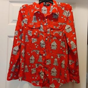 Karl Lagerfeld Paris Vibrant Red Architectural Print Long Sleeve Blouse Size M